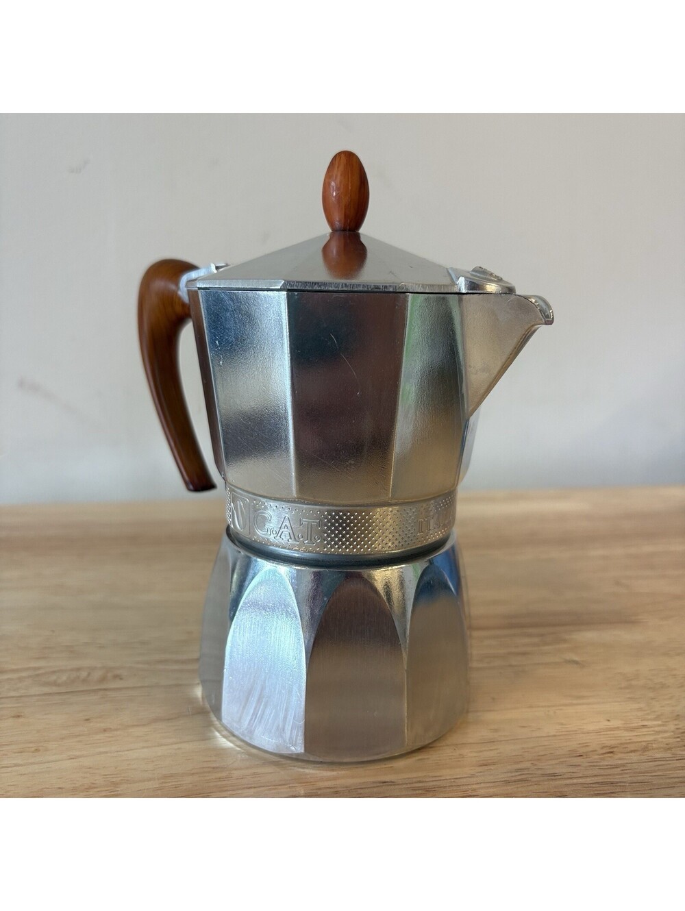 VTG G.A.T. Italian Direct Flame Espresso Maker 3 Cup Faux Teak Bakelite Handles